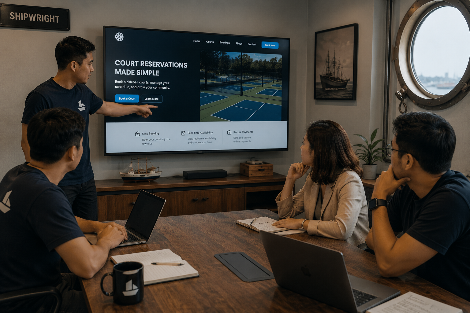 A team reviews a website for court reservations.